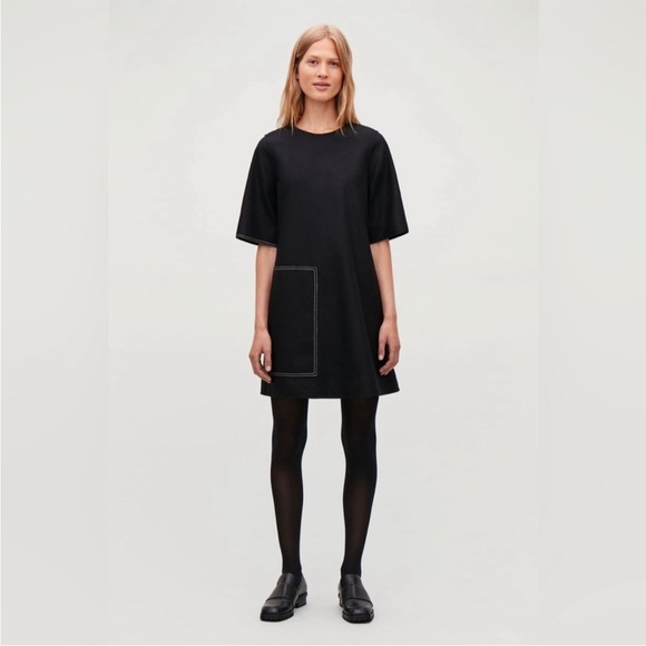 COS Dresses & Skirts - Cos topstitched black wool/cashmere mod short sleeve dress size 2